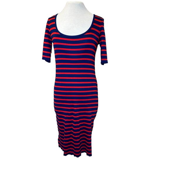 Ralph Lauren Red & Navy Striped Dress Midi Stretchy Tight Sheath Size M nautical - Picture 1 of 9
